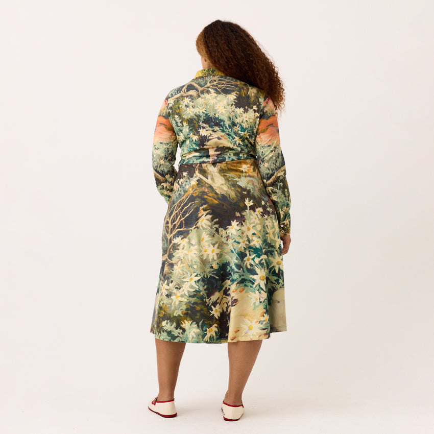 A back view of the Nancybird Mera Shirt Dress in Flannel Flower on a model on a blank background