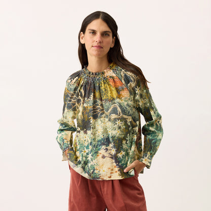 The Nancybird Rowena Shirred Blouse in Flannel Flower on a model on a blank background