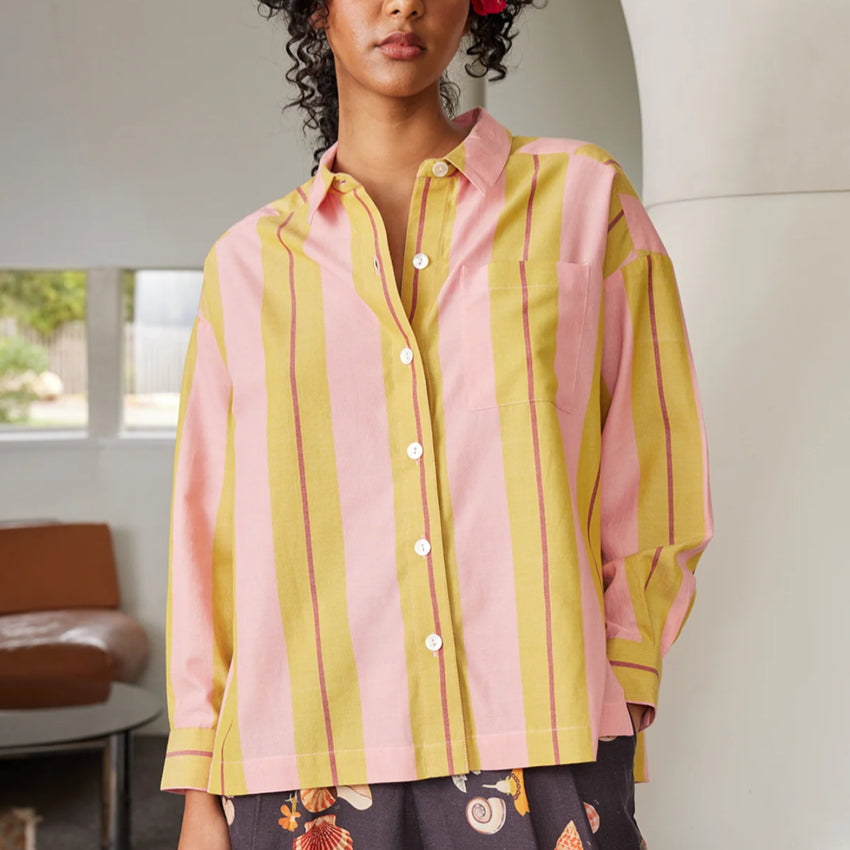 The Nancybird Sabine Shirt in Dusk Stripe on a model