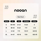 Nooan size chart for socks on a gradient background