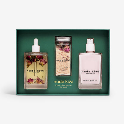 The Nude Kiwi Luxury Bodycare Set on a blank background