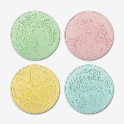 Four of the One Lane Bridge Candy Coins on a blank background