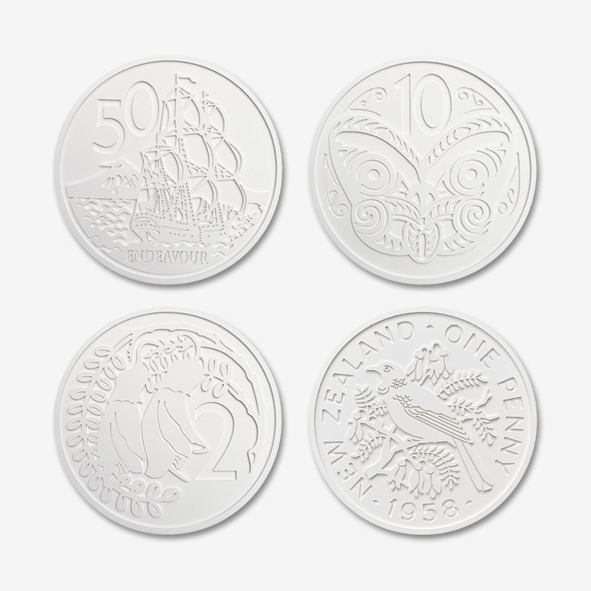 Four of the One Lane Bridge Retro Coins on a blank background