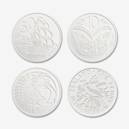 Four of the One Lane Bridge Retro Coins on a blank background