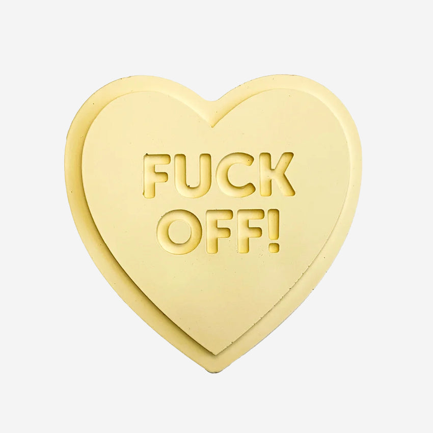 The One Lane Bridge "Fuck Off!" Unsweet Heart in yellow on a blank background