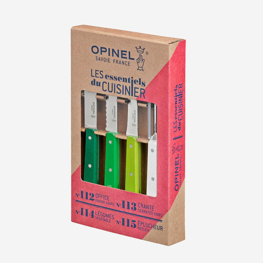 The Opinel Les Essentials Knives 4 Piece Set box in Primavera on a blank background