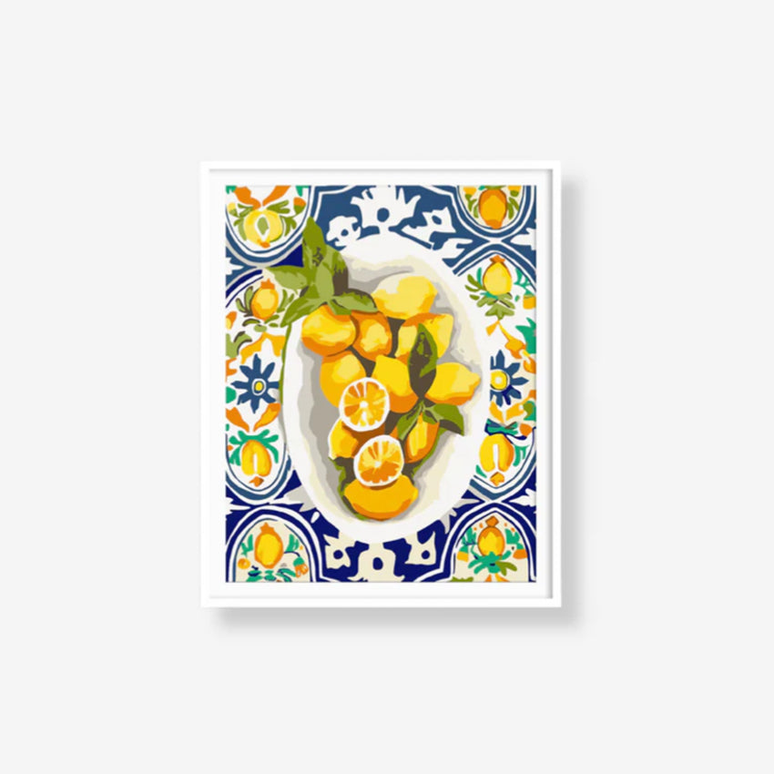 Paint Like Frida Amalfi Lemons on Rolled Canvas framed on a blank background