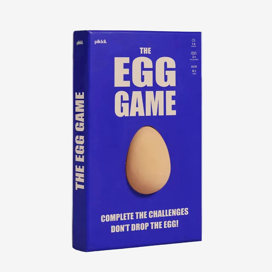 Blue box of 'The Egg Game' with a beige egg on a white background