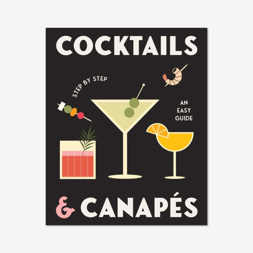 Book cover of 'Cocktails & Canapés' with cocktail illustrations on a black background