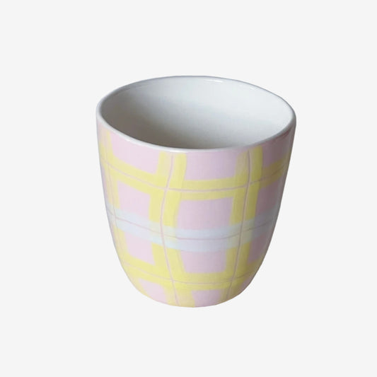 The Ruthie Frank Pink Tartan Tumbler on a blank background