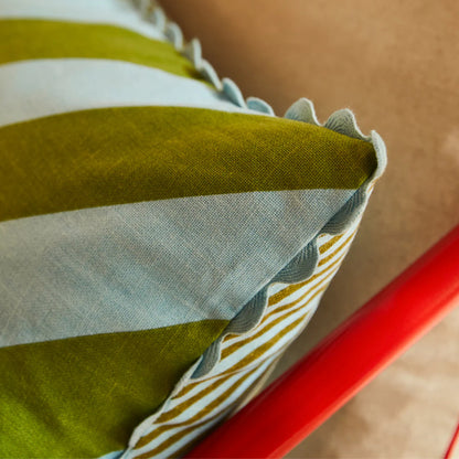 A close up of the Sage x Clare Bundi Stripe Cushion in Sky