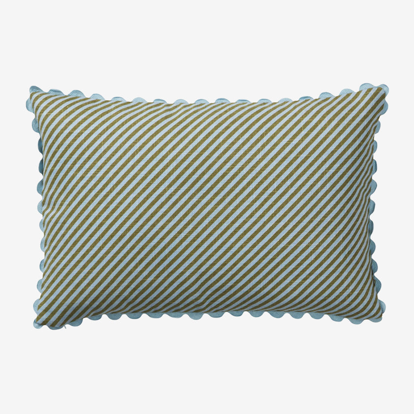 The other side of the Sage x Clare Bundi Stripe Cushion in Sky on a blank background