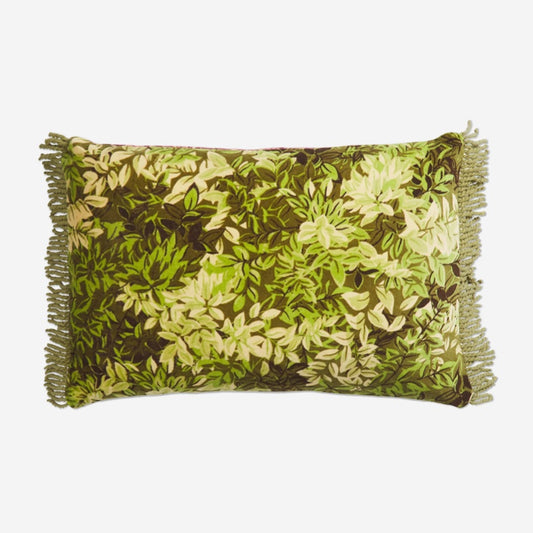 The green side of the Sage x Clare Alka Velvet Cushion on a blank background.