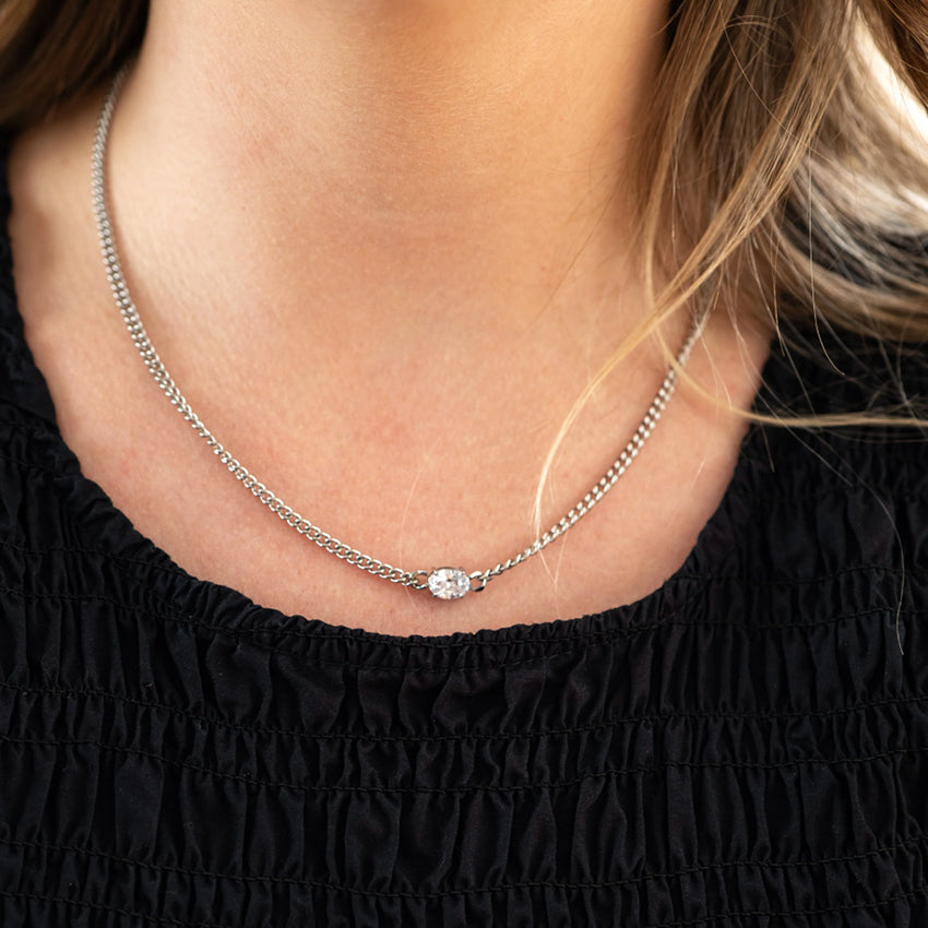 The Silver Linings Collective Cleo Necklace in Silver on a model