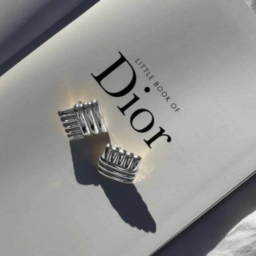 The Silver Linings Collective Di Earrings in Silver ontop of a book