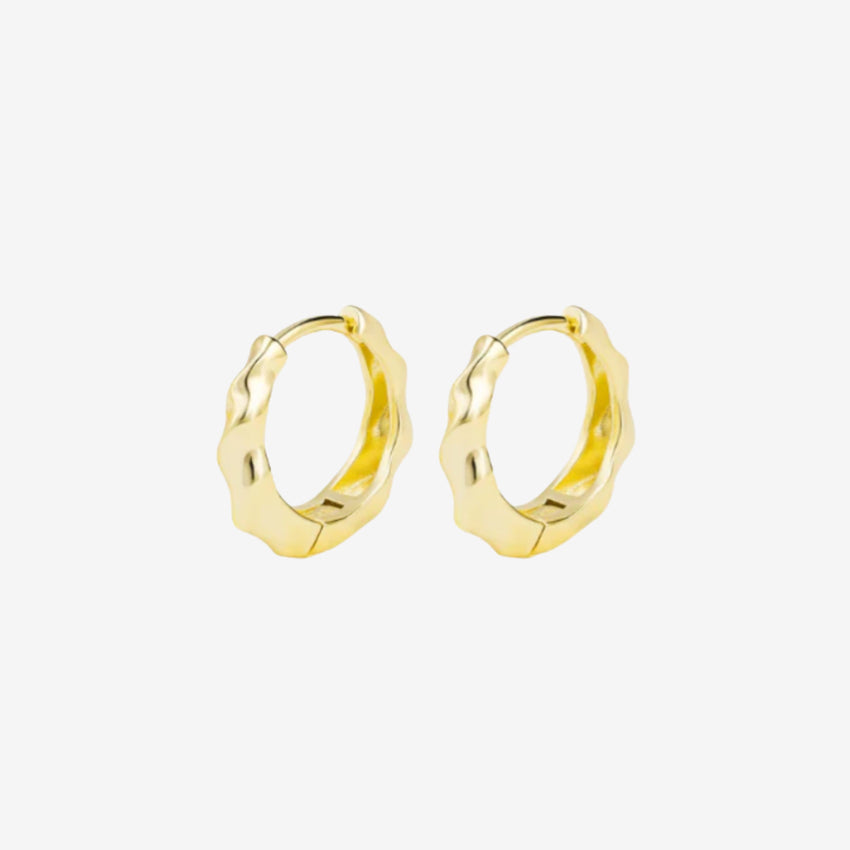 The Silver Linings Collective Scarlet Hoops in Gold on a blank background