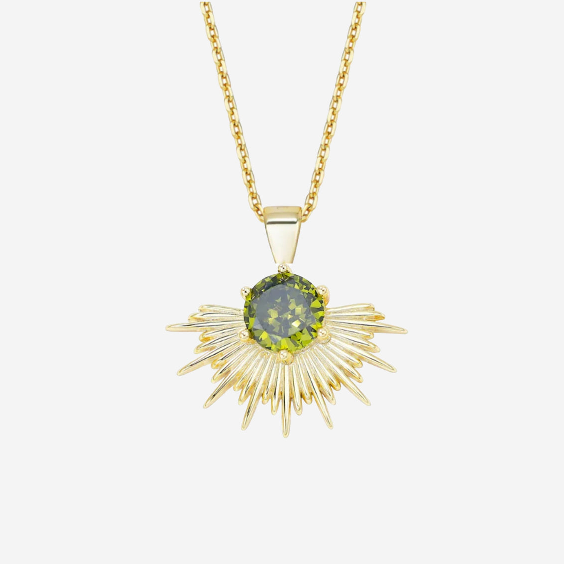 The Silver Linings Collective Solace Necklace with a Peridot Stone in Gold on a blank background