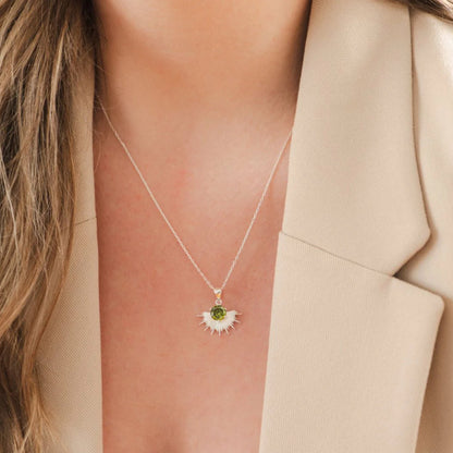 The Silver Linings Collective Solace Necklace with a Peridot Stone in Silver on a model