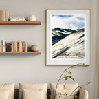 The Sophie Melville Limited Edition Peace Be Still Art Print in a frame hanging on a living room wall