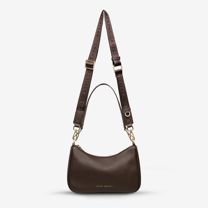 The Status Anxiety Look Both Ways in Cocoa and Brush Gold on a blank background 