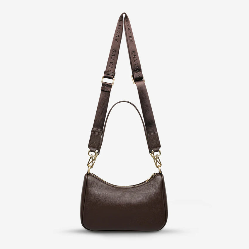 A back view of the Status Anxiety Look Both Ways in Cocoa and Brush Gold on a blank background 