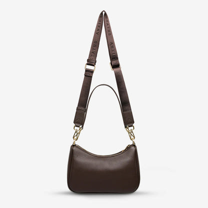 A back view of the Status Anxiety Look Both Ways in Cocoa and Brush Gold on a blank background 