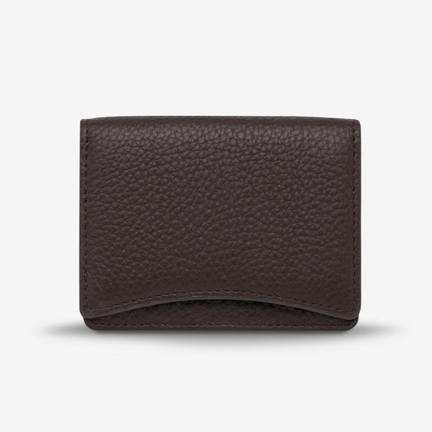 The Status Anxiety Lumen Wallet in Cocoa on a blank background