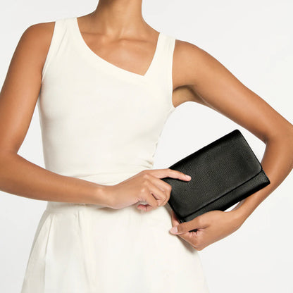 A model holding the Status Anxiety Remnant Wallet in Black on a blank background