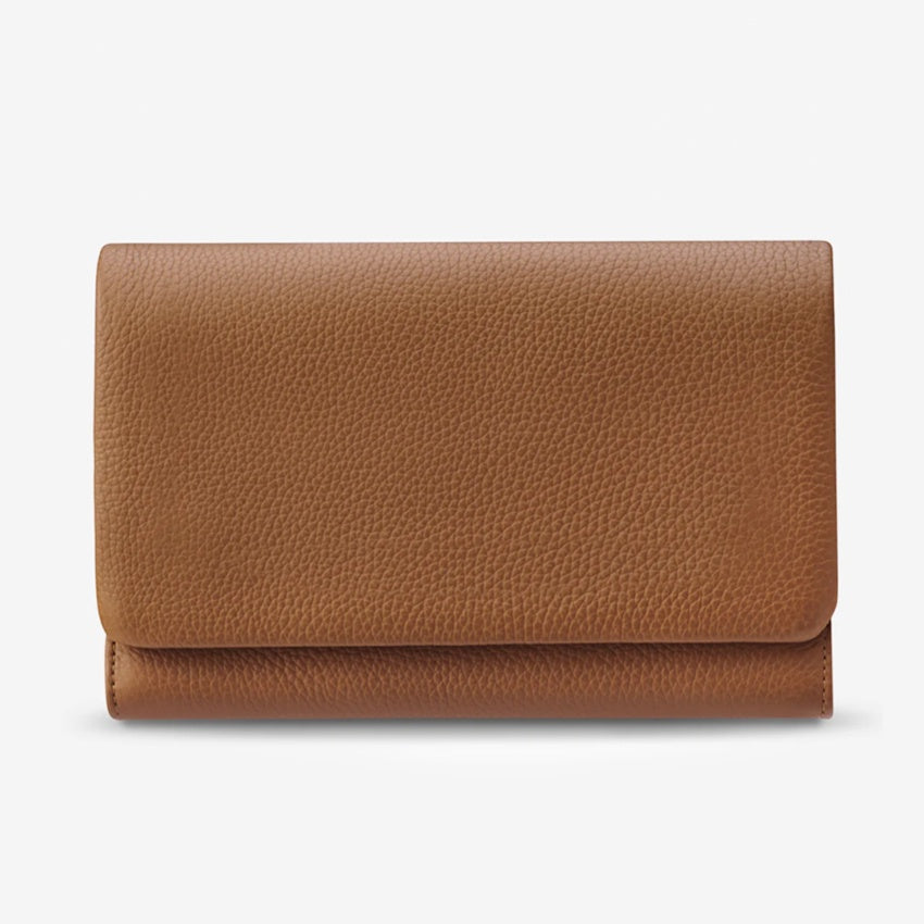 The Status Anxiety Remnant Wallet in Camel on a blank background