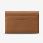 A back view of the Status Anxiety Remnant Wallet in Camel open on a blank background