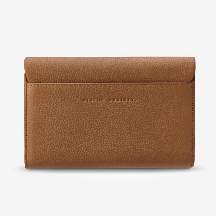 A back view of the Status Anxiety Remnant Wallet in Camel open on a blank background