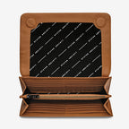 A top view of the Status Anxiety Remnant Wallet in Camel open on a blank background