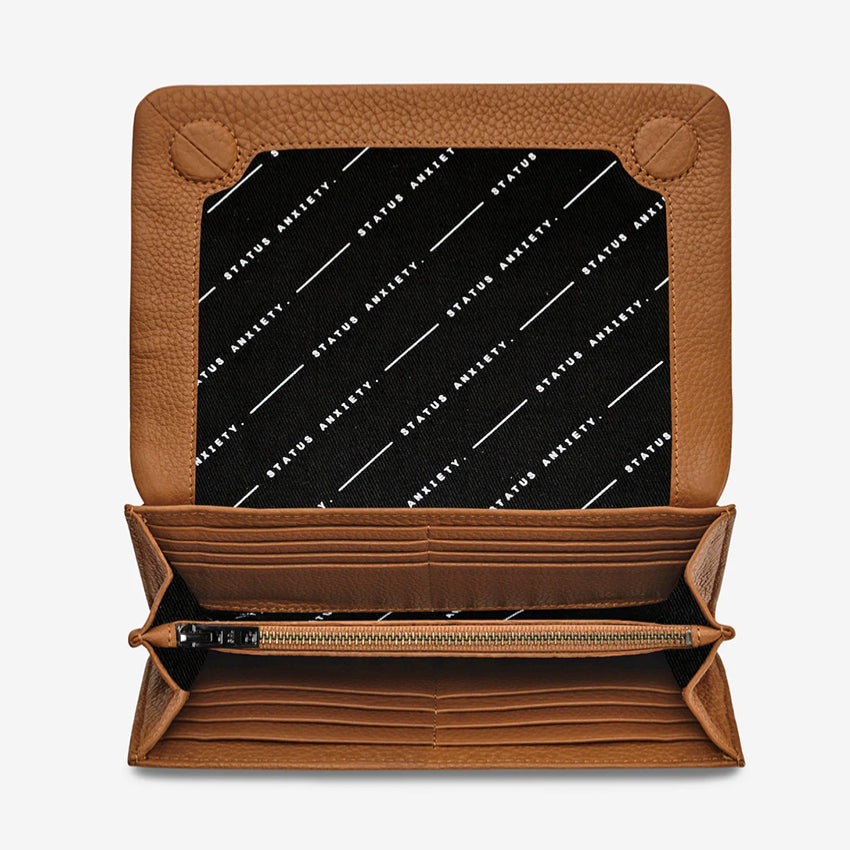 A top view of the Status Anxiety Remnant Wallet in Camel open on a blank background