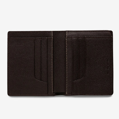 The Status Anxiety Jonah Wallet in Chocolate open on a blank background