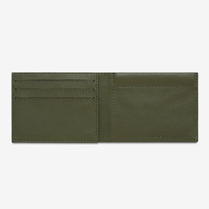 The Status Anxiety Noah Wallet in Khaki open on a blank background