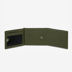 The Status Anxiety Noah Wallet in Khaki open on its side on a blank background