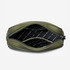 Top view of an open Status Anxiety Plunder Bag with a Webbed Strap in Khaki on a blank background