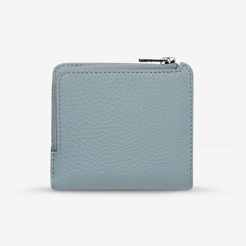 The backside of the Status Anxiety Sense Of Wonder Wallet in Powder Blue on a blank background