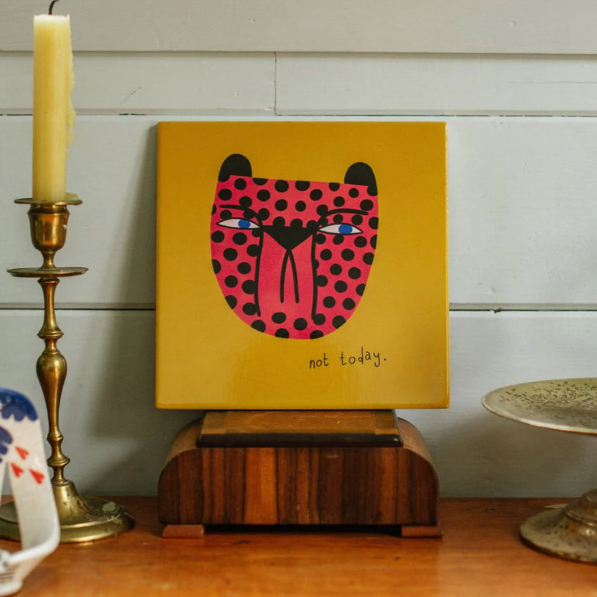 The Studio Soph Not Today Art Tile on a shelf next to a candle