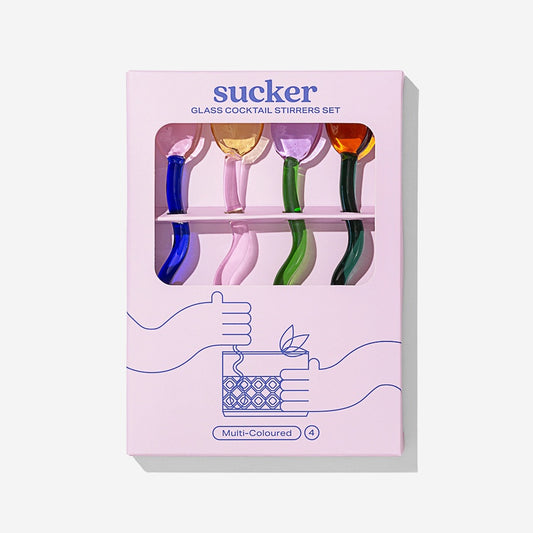 The Sucker Cocktail Stirrers Set in their packaging on a blank background