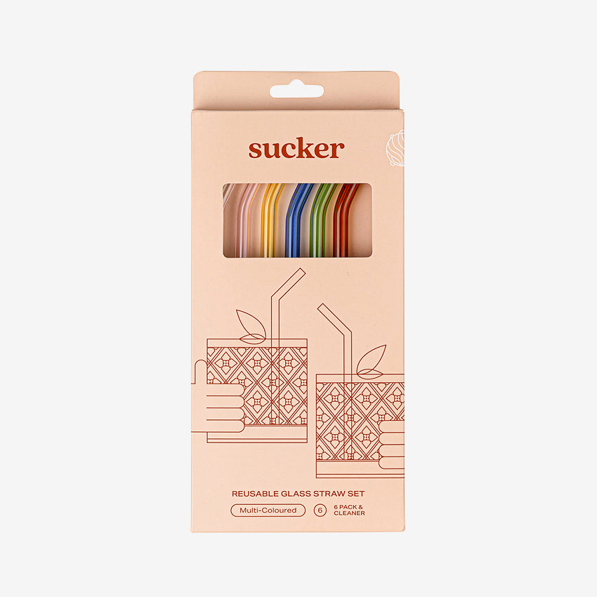 The Sucker Reusable Glass Straws in Multi in the packaging on a blank background