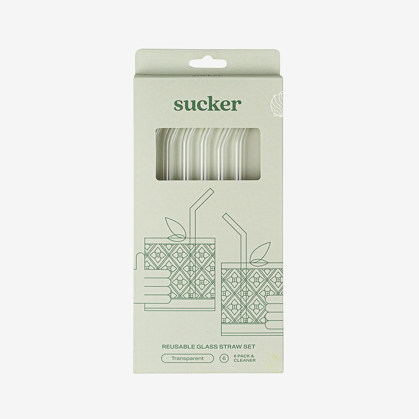 The Sucker Reusable Glass Straws in Clear in the packaging on a blank background