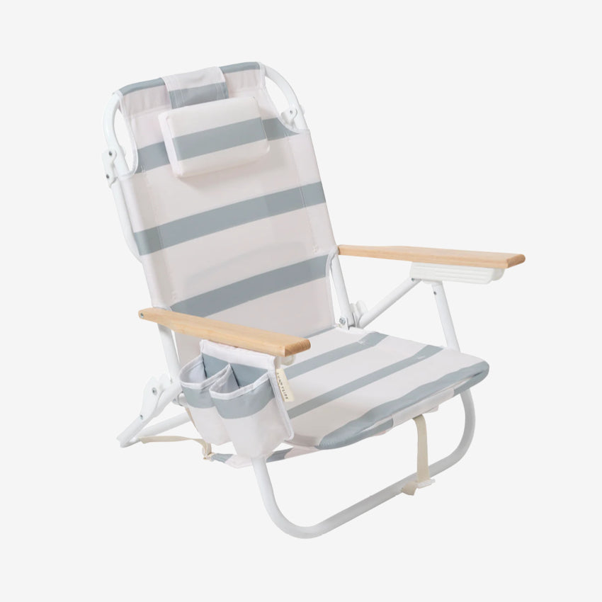 The SunnyLife Deluxe Beach Chair in Sea Sage Stripe on a grey background