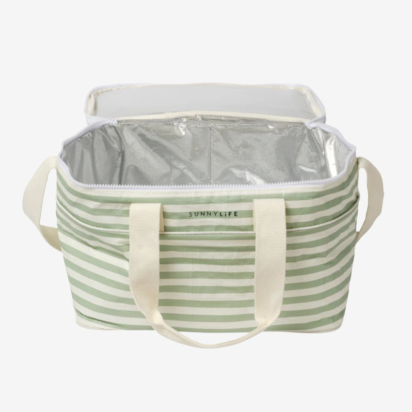 The SunnyLife Light Cooler Bag in Sea Sage open on a grey background