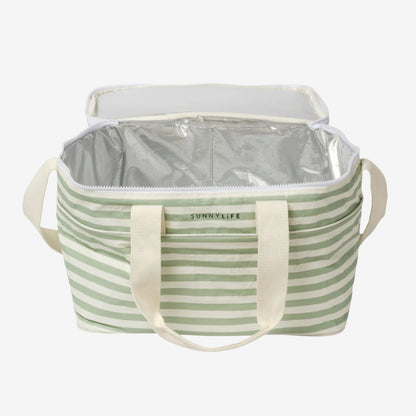 The SunnyLife Light Cooler Bag in Sea Sage open on a grey background