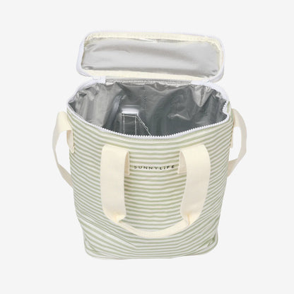 The SunnyLife Light Cooler Drinks Bag in Sea Sage open on a grey background