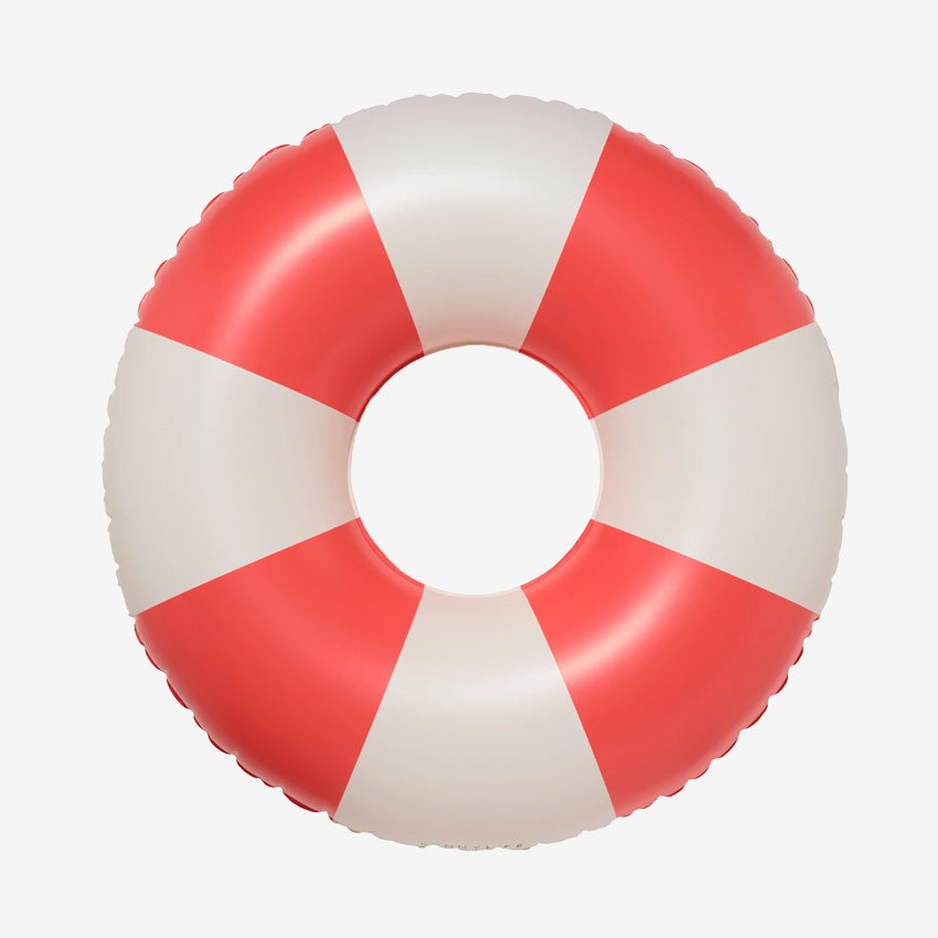 The Sunny Life Tube Pool Ring in Tomato Red Stripe on a grey background