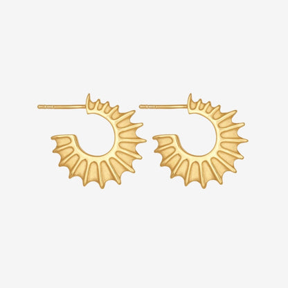 The Temple Of The Sun Calypso Hoops in Gold Vermeil on a grey background