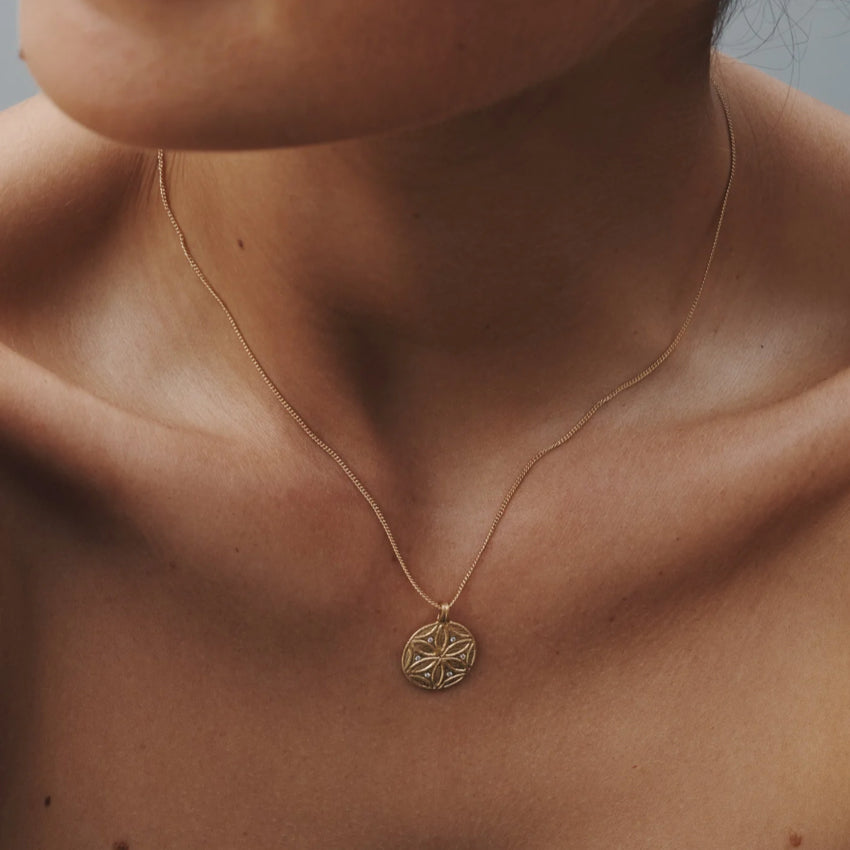 The Temple Of The Sun Seed Of Life Necklace in Gold on a model's neck