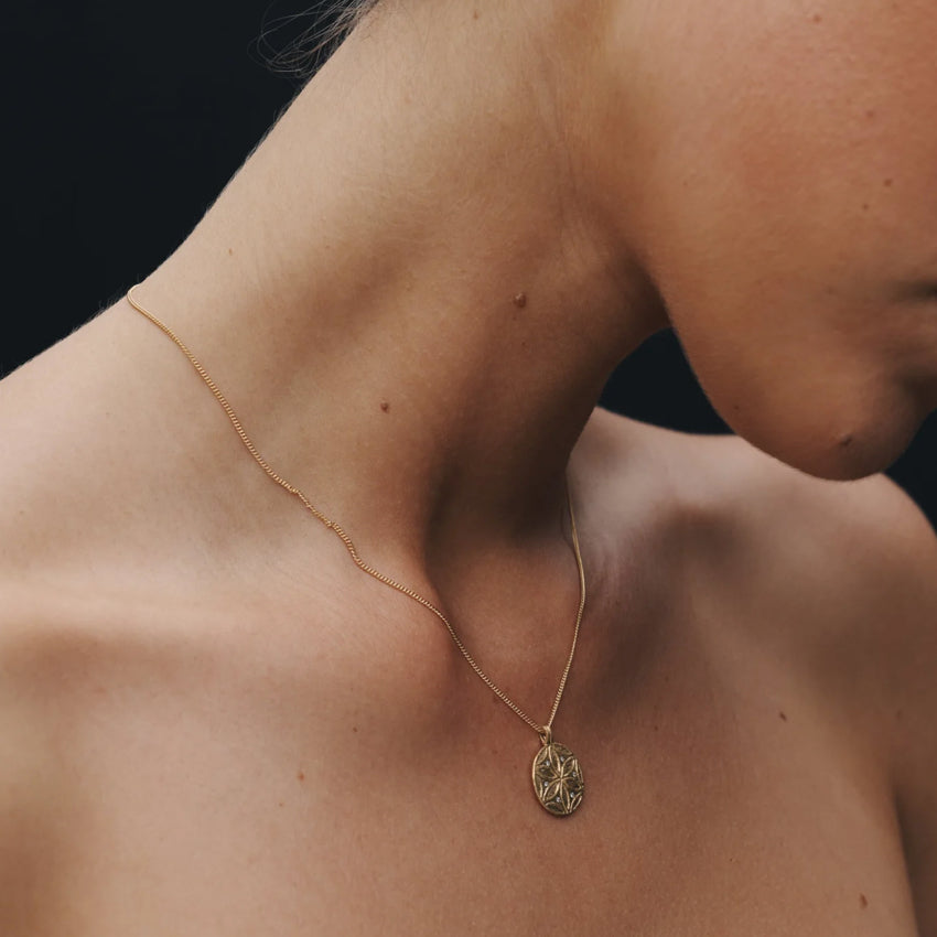 The Temple Of The Sun Seed Of Life Necklace in Gold on a model